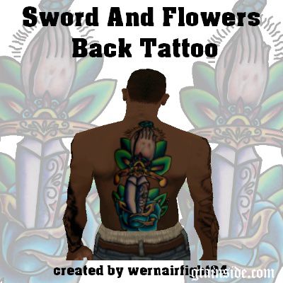 Sword And Flowers Back Tattoo