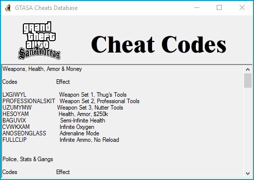GTASA Cheats Codes